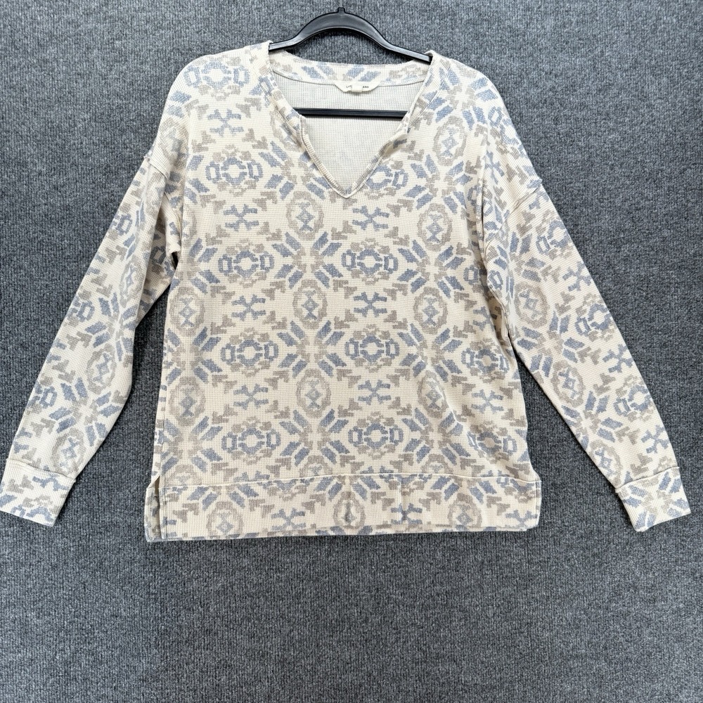 Lucky Brand Sweater Size S Cream Blue Aztec V-Neck Pullover Casual Western Boho